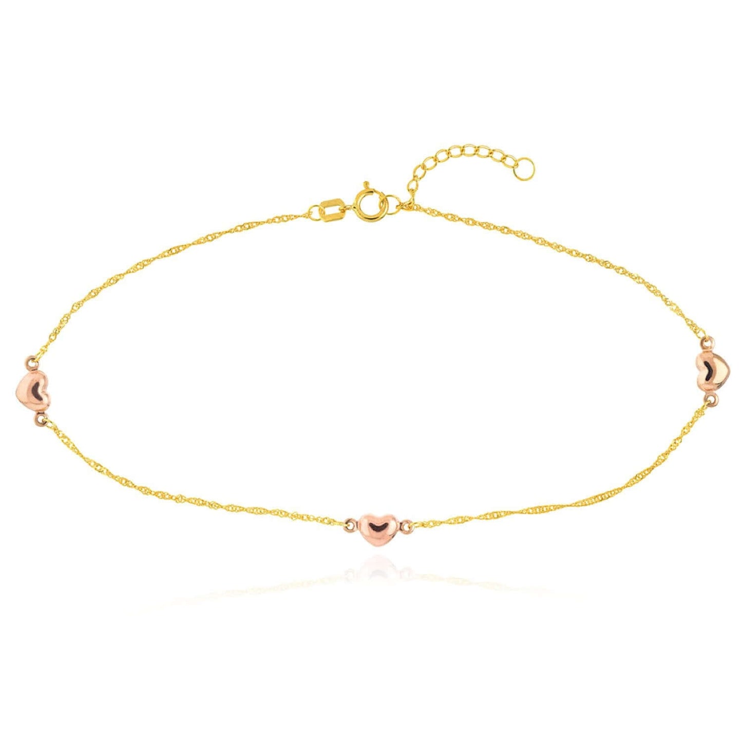 14K Real Gold Two-Tone Pink Heart Singapore Ankle Bracelet 9"-10" Adjustable