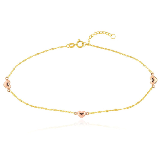 14K Yellow Gold Two-Tone Pink Heart Singapore Ankle Bracelet (Solid Links) 9"-10" Adjustable