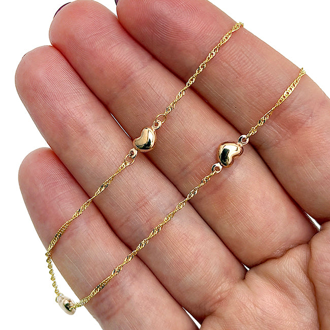 14K Real Gold Two-Tone Pink Heart Singapore Ankle Bracelet 9"-10" Adjustable