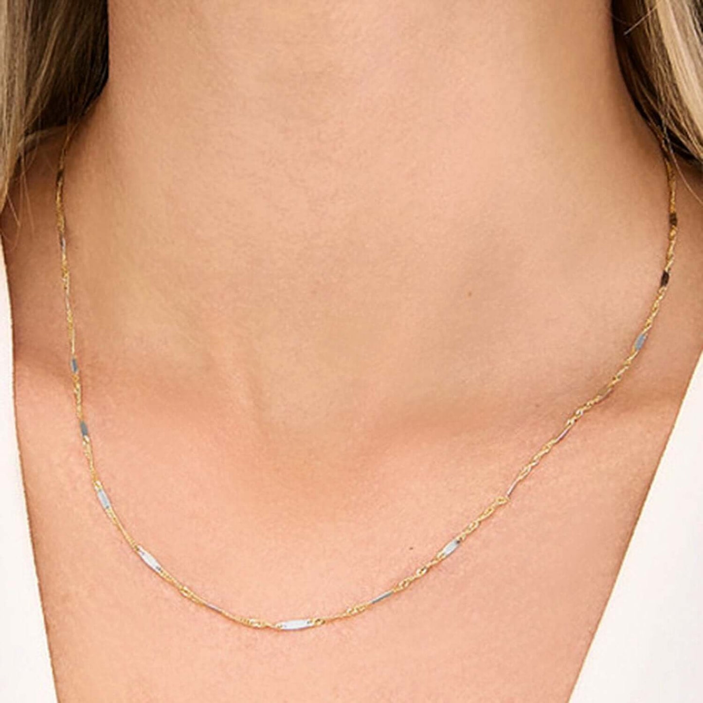 14K Real Gold Two-Tone 1.5mm Singapore Stations Chain Necklace 16" 18" 20"