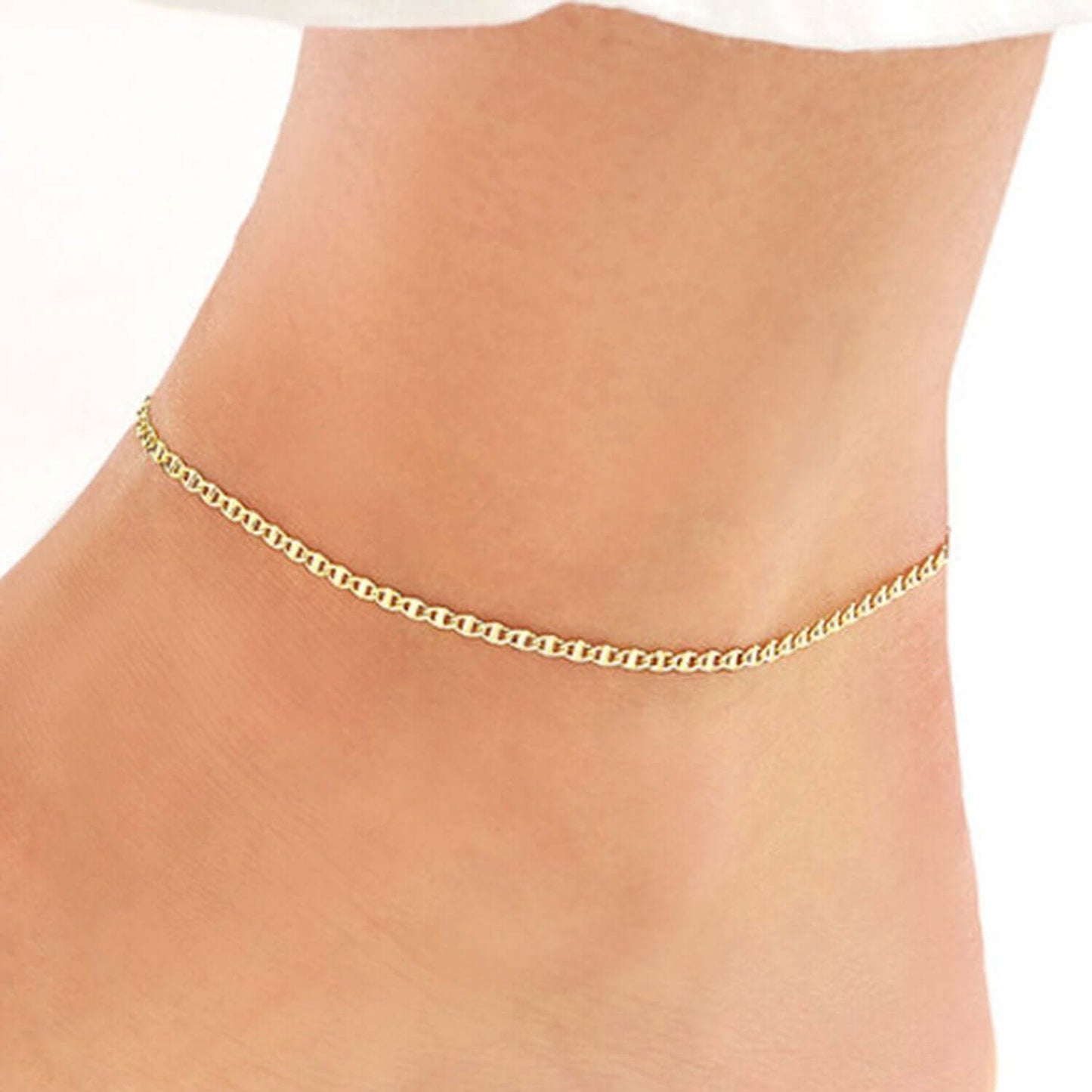 14K Real Gold Tri-Color Yellow White Rose Anchor Ankle Bracelet 9-10" Adjustable