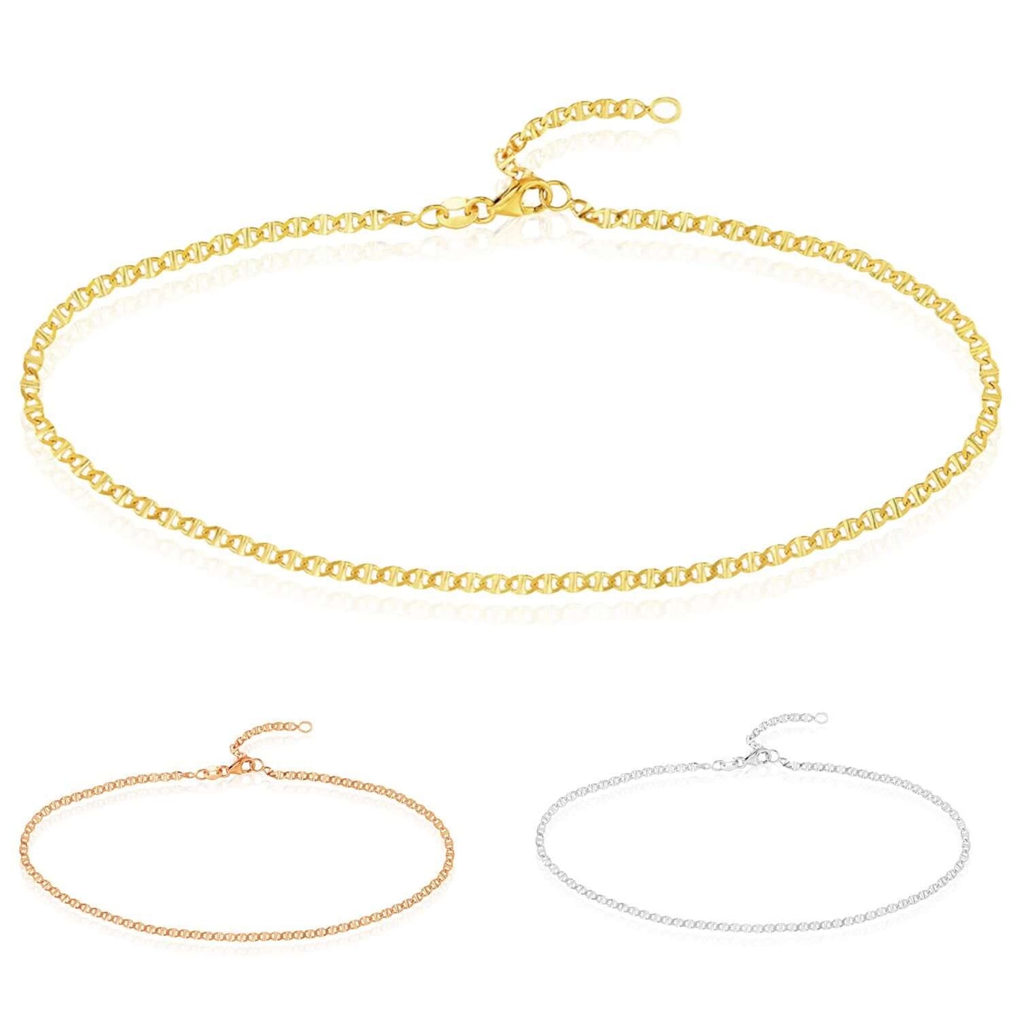 14K Real Gold Tri-Color Yellow White Rose Anchor Ankle Bracelet 9-10" Adjustable