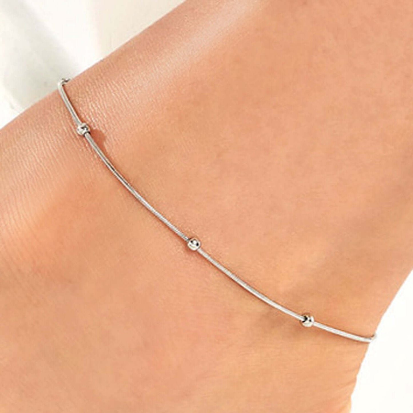 Sterling Silver Snake Chain Bead Accents Ankle Bracelet 9"-10" Adjustable