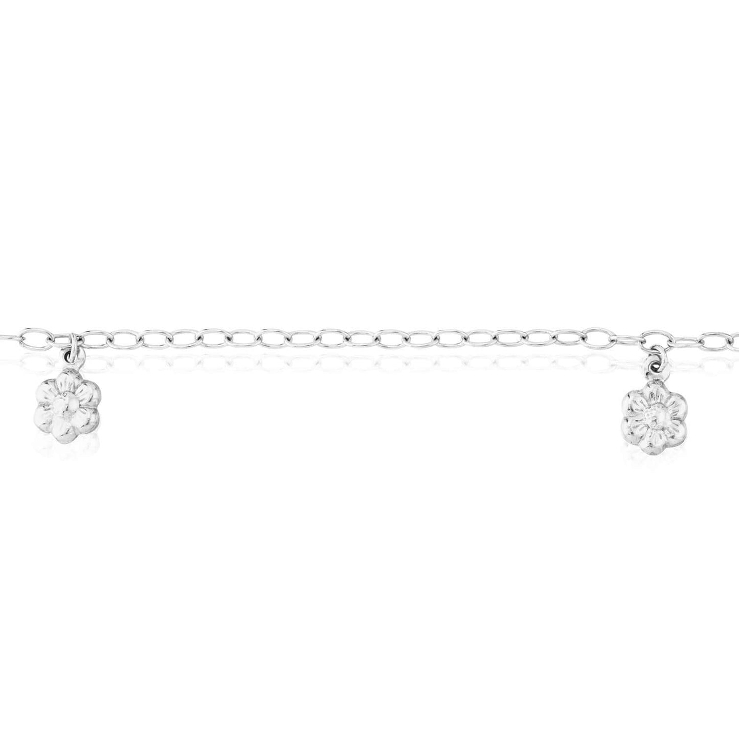 Sterling Silver Flower Charm Cable Chain Ankle Bracelet 9"-10" Adjustable