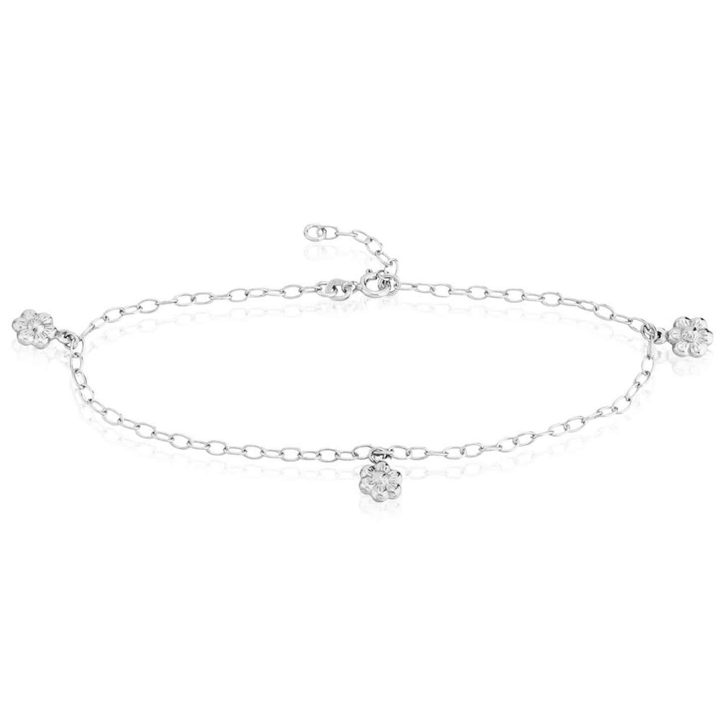 Sterling Silver Flower Charm Cable Chain Ankle Bracelet 9"-10" Adjustable