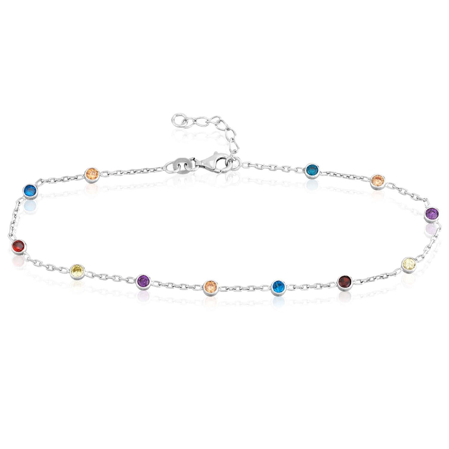 Sterling Silver Multi-Color CZ Bezel Stations Ankle Bracelet 9"-10" Adjustable