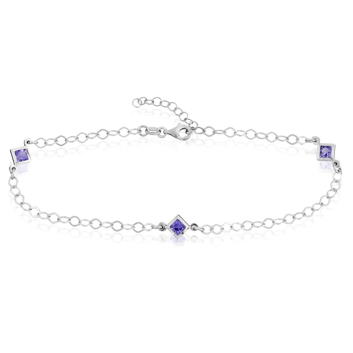 Sterling Silver Purple Princess-Cut CZ Stations Ankle Bracelet 9"-10" Adjustable