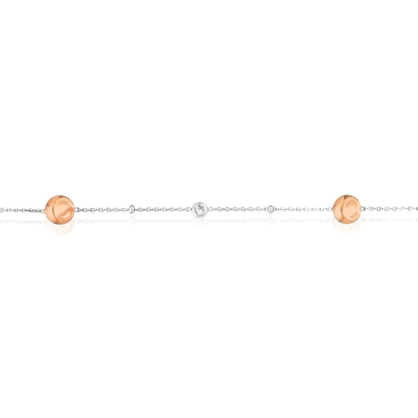 Sterling Silver Rose Gold Beads CZ Stations Ankle Bracelet 9"-10" Adjustable