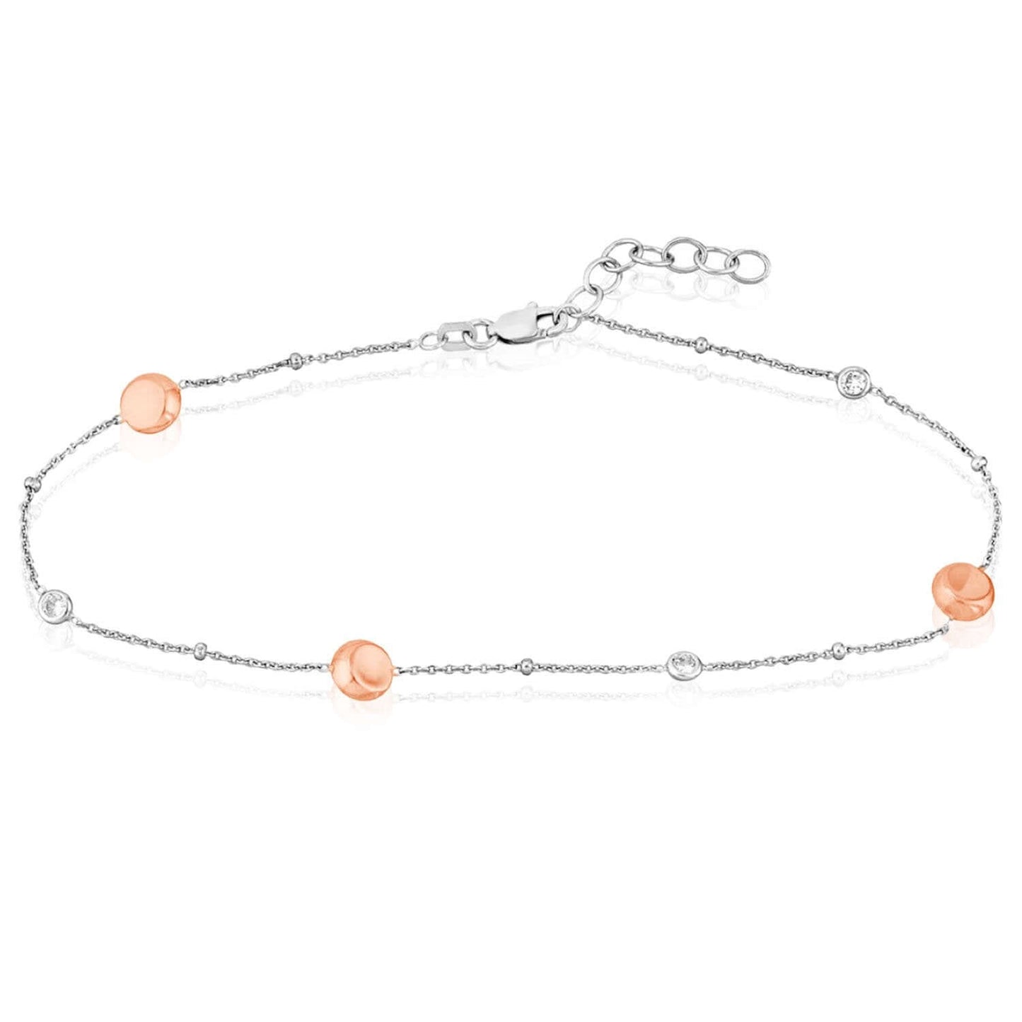 Sterling Silver Rose Gold Beads CZ Stations Ankle Bracelet 9"-10" Adjustable