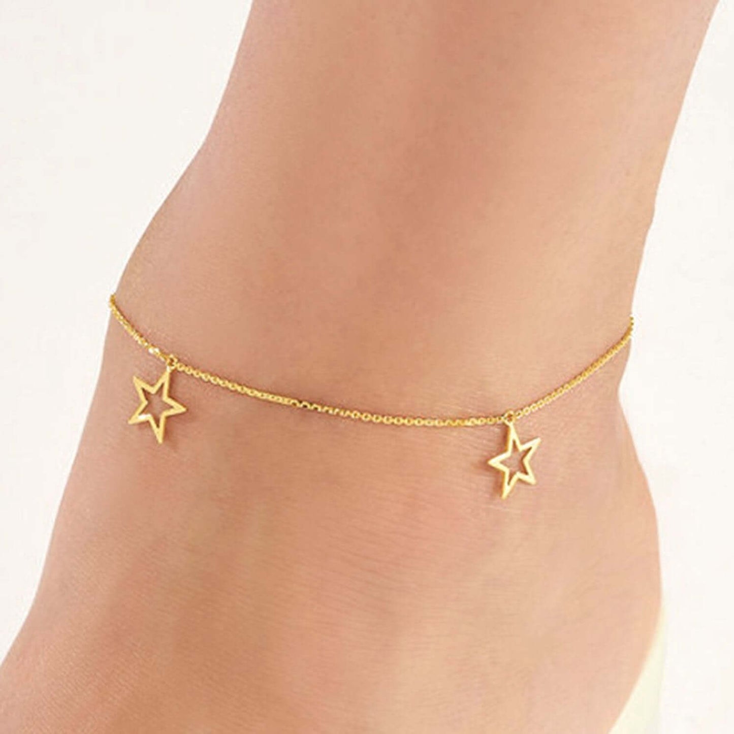 14K Real Gold Open Star Charm Ankle Bracelet 9"-10" Adjustable