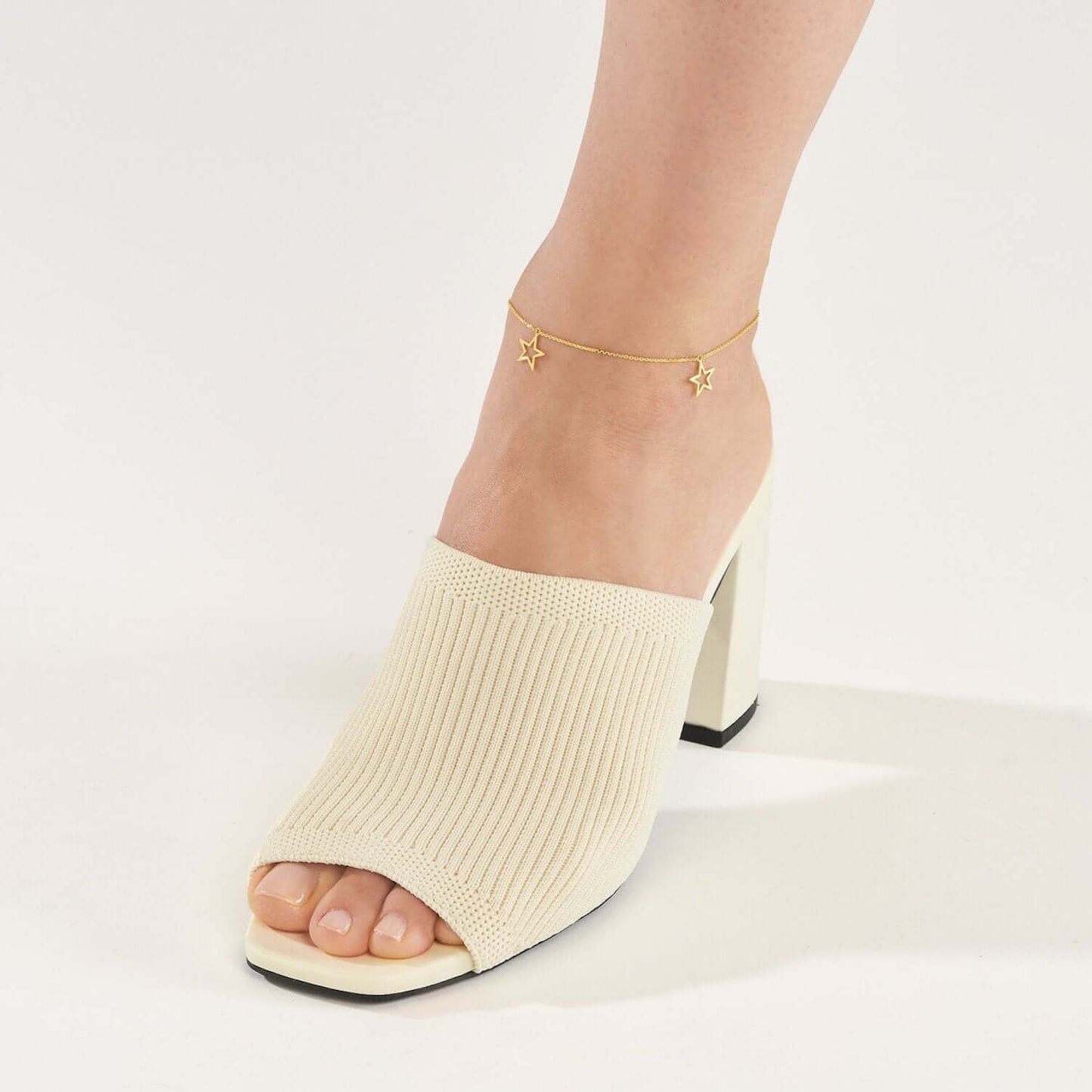 14K Real Gold Open Star Charm Ankle Bracelet 9"-10" Adjustable