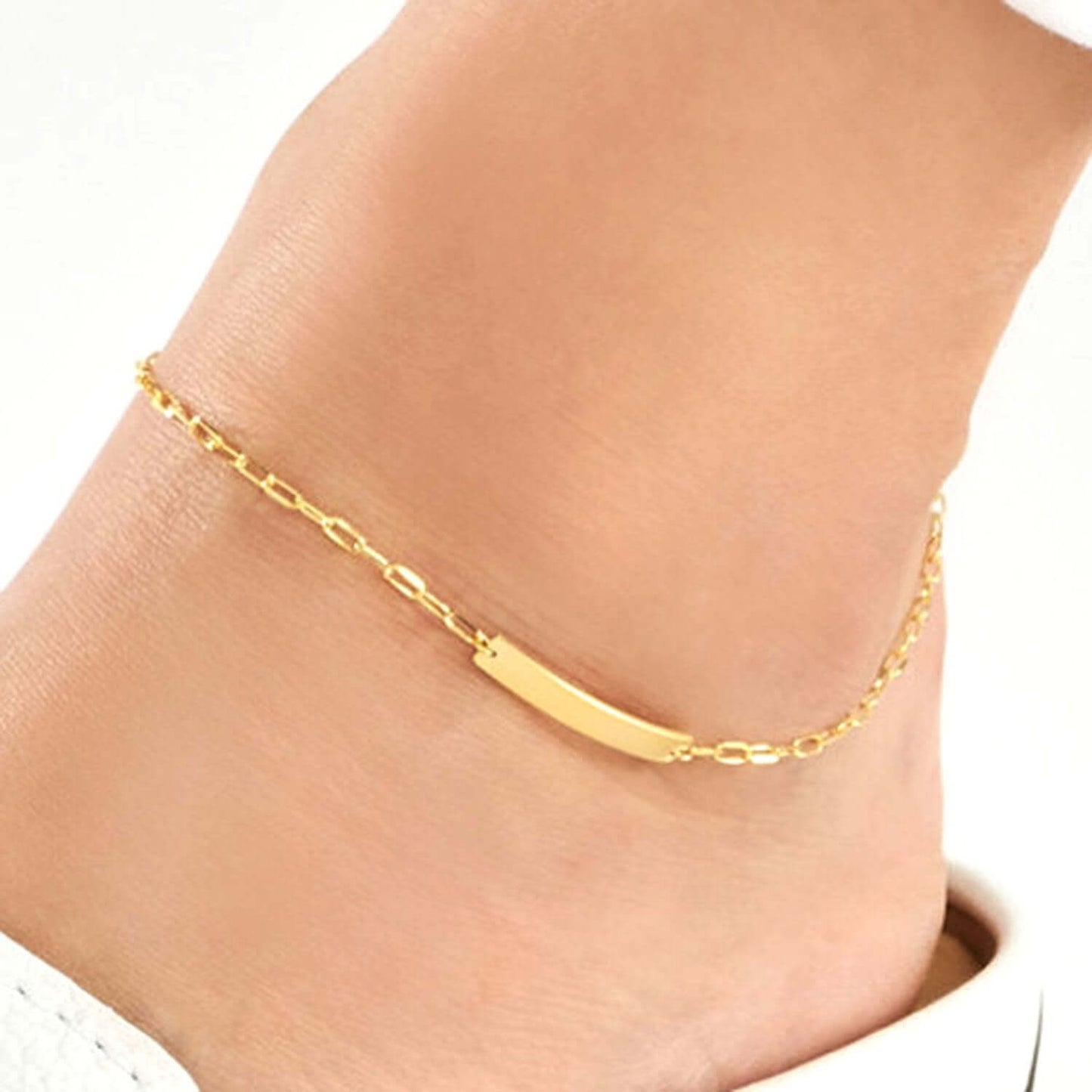 Engravable 14K Real Gold Personalized Paperclip Chain ID Ankle Bracelet 10"