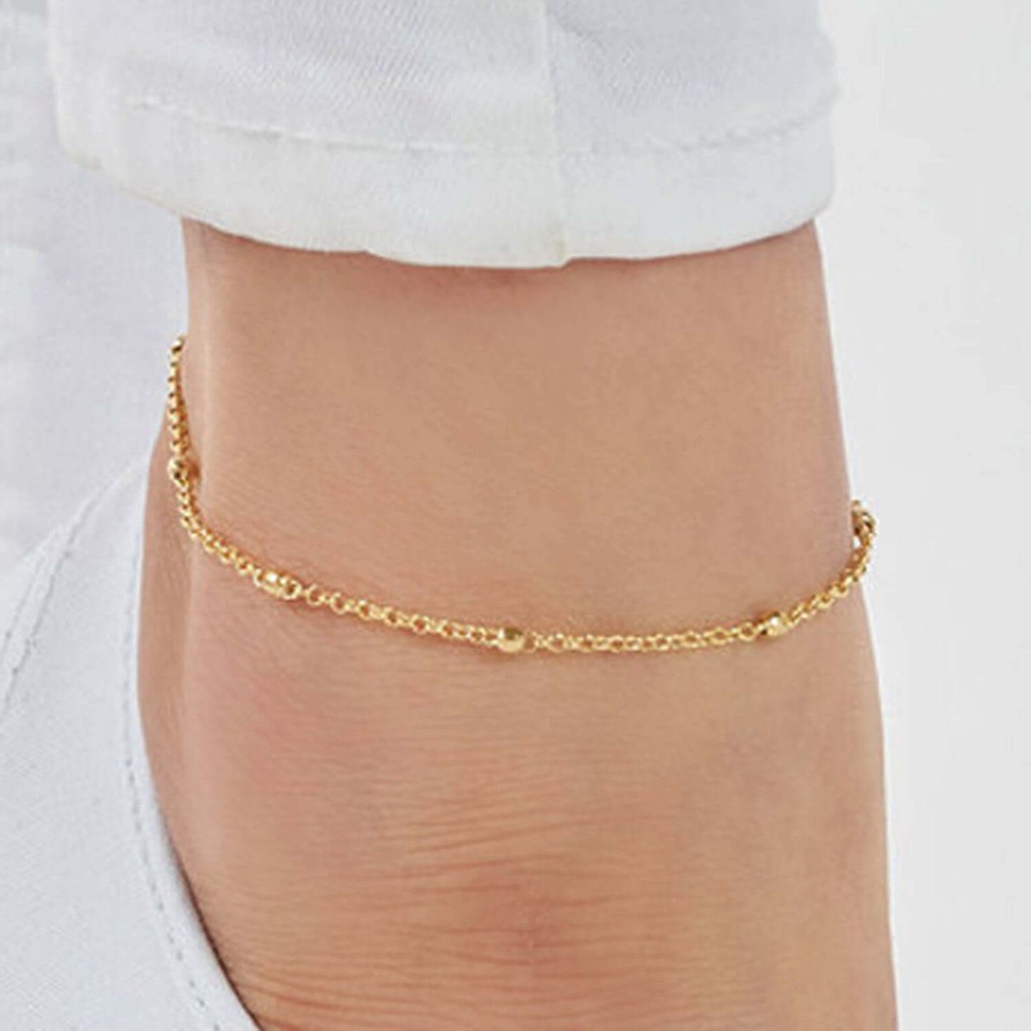 14K Real Gold Rolo Chain Bead Stations Ankle Bracelet 9"-10" Adjustable