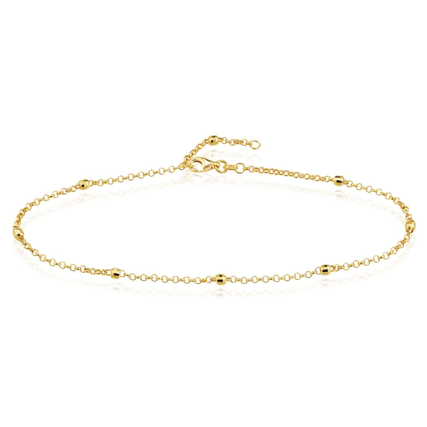 14K Real Gold Rolo Chain Bead Stations Ankle Bracelet 9"-10" Adjustable
