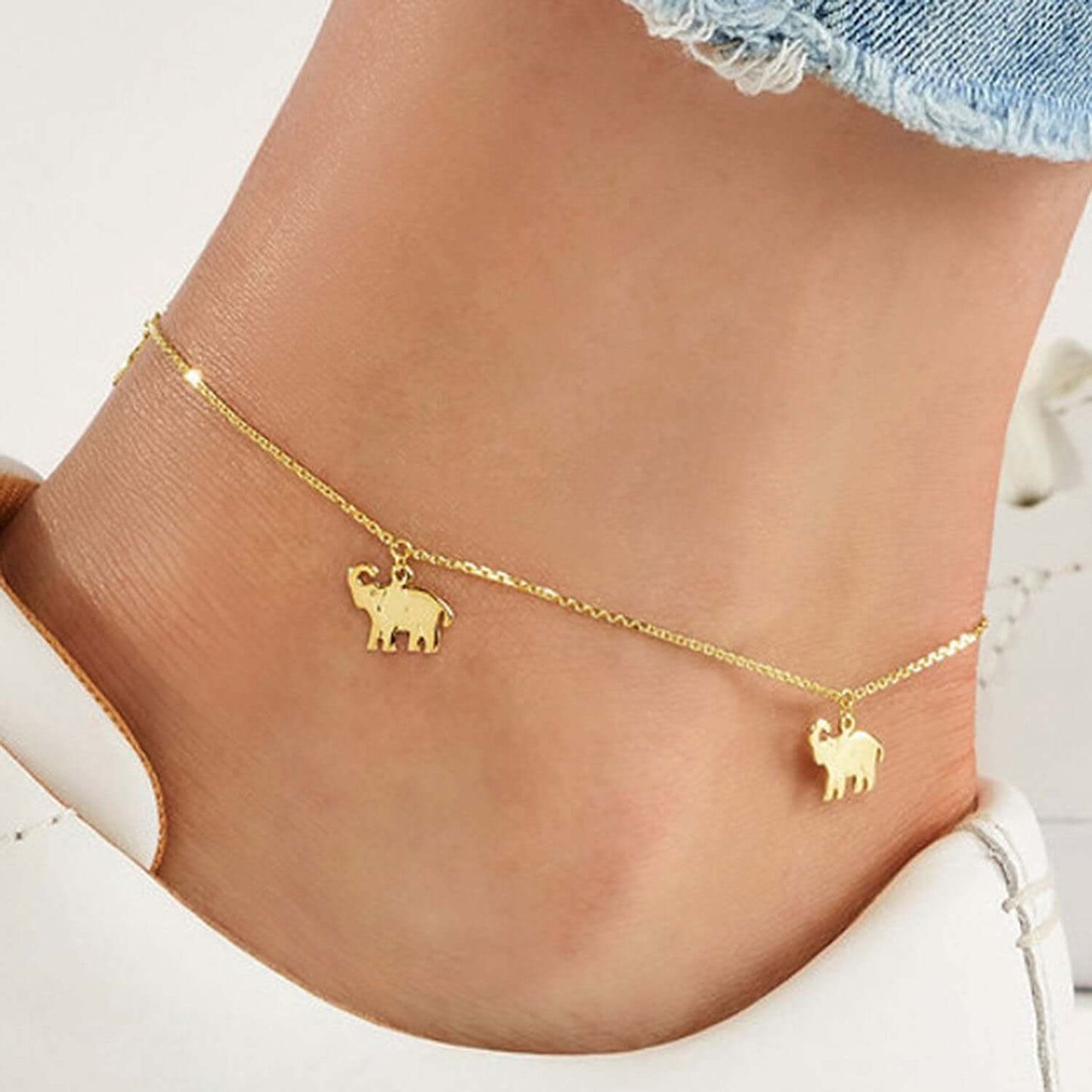14K Real Gold Elephant Charm Diamond-Cut Cable Ankle Bracelet 9"-10" Adjustable