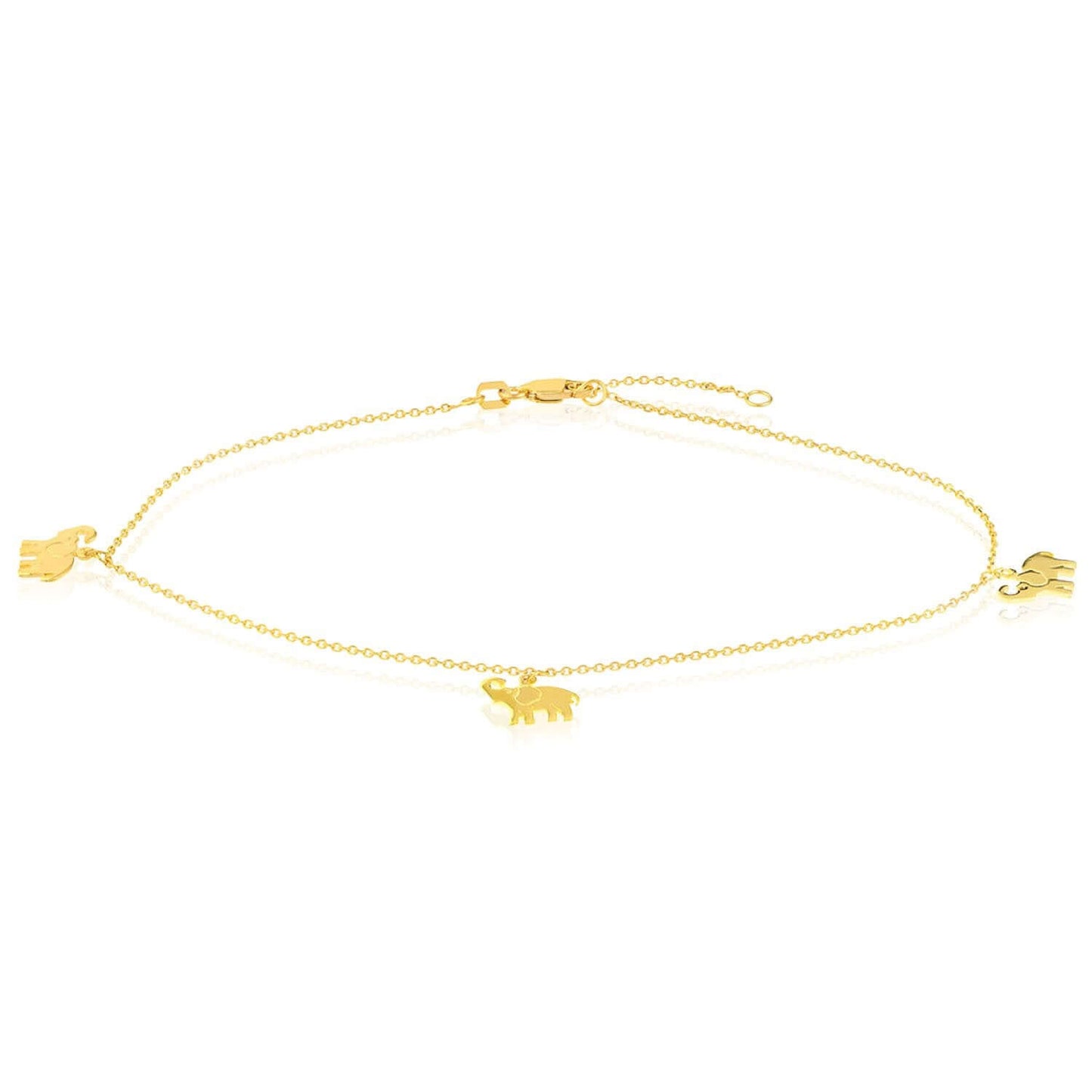 14K Real Gold Elephant Charm Diamond-Cut Cable Ankle Bracelet 9"-10" Adjustable