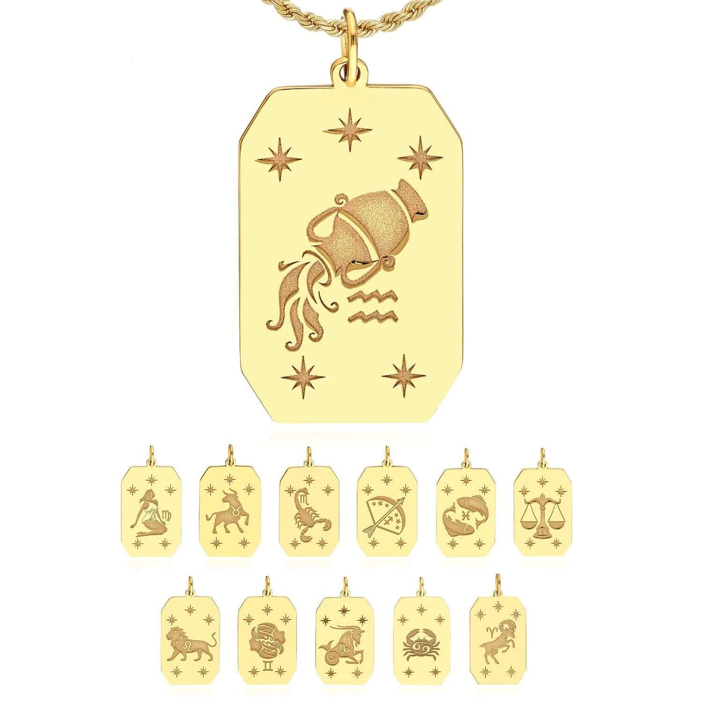 14K Real Gold Astrology Zodiac Sign Dog Tag Pendant 1"