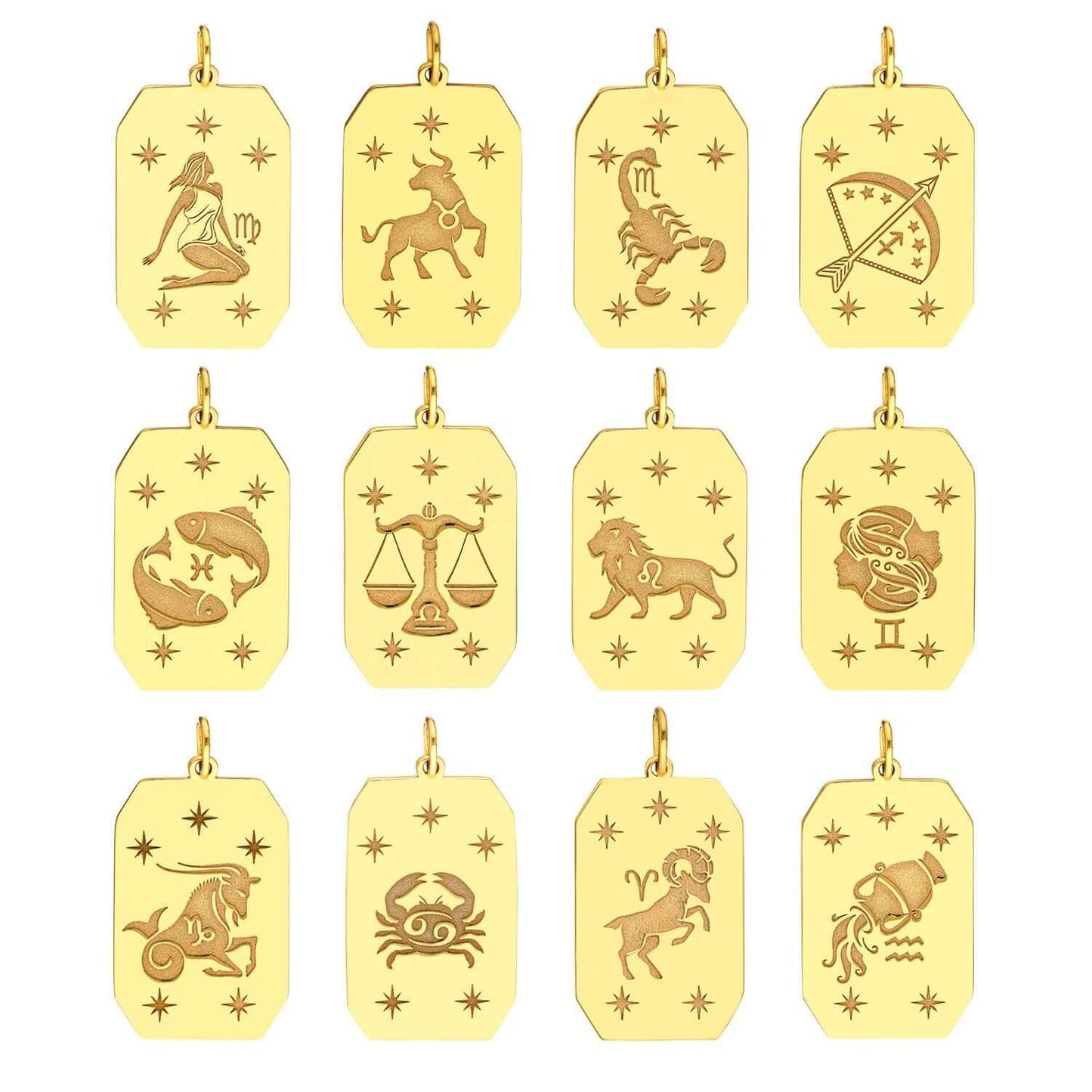 14K Real Gold Astrology Zodiac Sign Dog Tag Pendant 1"