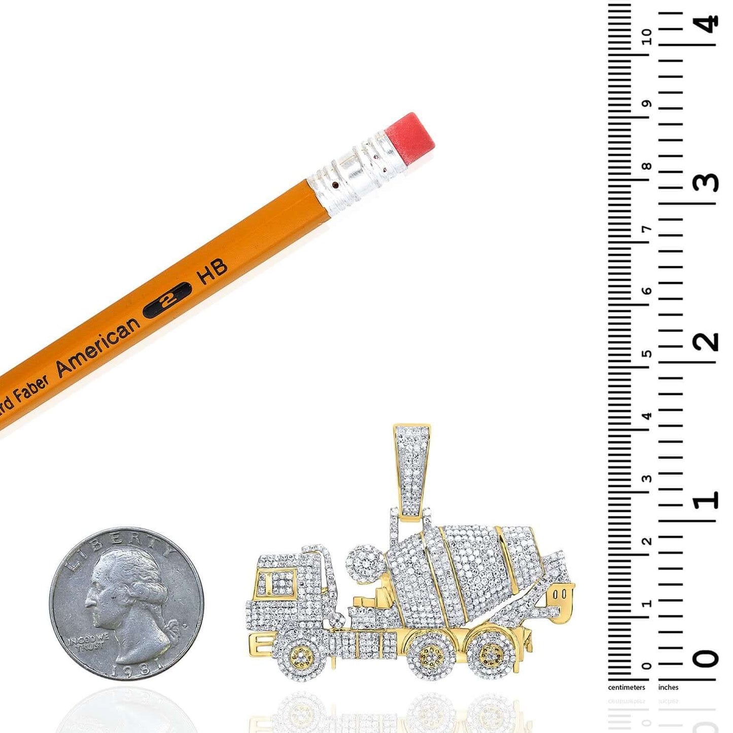 2.75CTW Real Diamond 10K Real Gold Cement Truck Pendant 1.6"