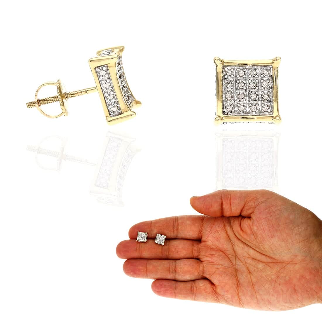 0.15Ct Natural Diamond 10K Yellow Gold 3D Square Kite Screw Back Stud Earrings