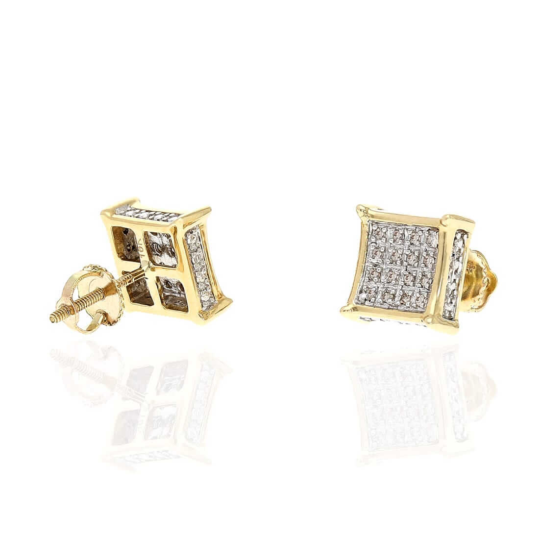 0.15Ct Natural Diamond 10K Yellow Gold 3D Square Kite Screw Back Stud Earrings