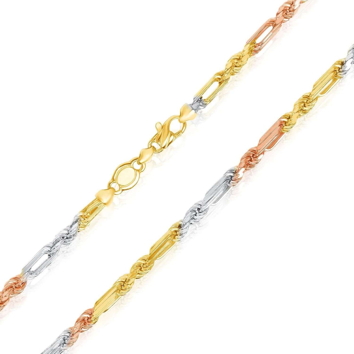 14K Real Gold Tri-Color Rose White Solid 3.5mm Figarope Bracelet 7" 7.5" 8"