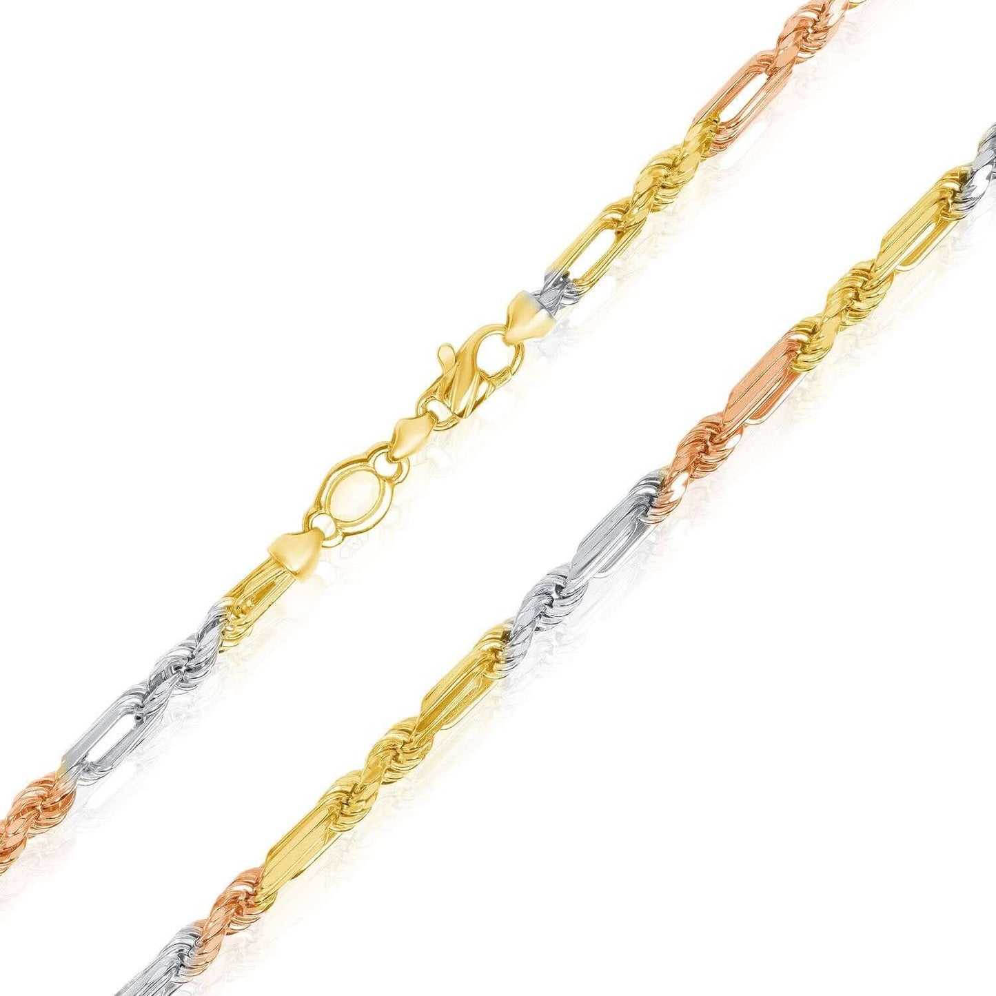 14K Gold Tri-Color Rose White Solid 3.5mm Figarope Chain 18"-26"