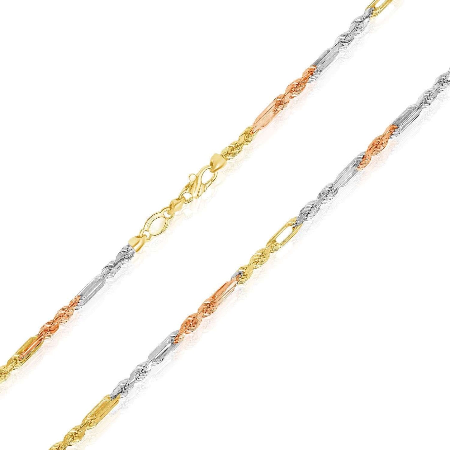 14K Real Gold Tri-Color Rose White Solid 4.3mm Figarope Chain Necklace 20"-28"