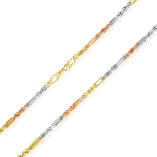 14K Tri-Color Gold 4.3mm Figarope Chain (Solid Links) 20"-28"