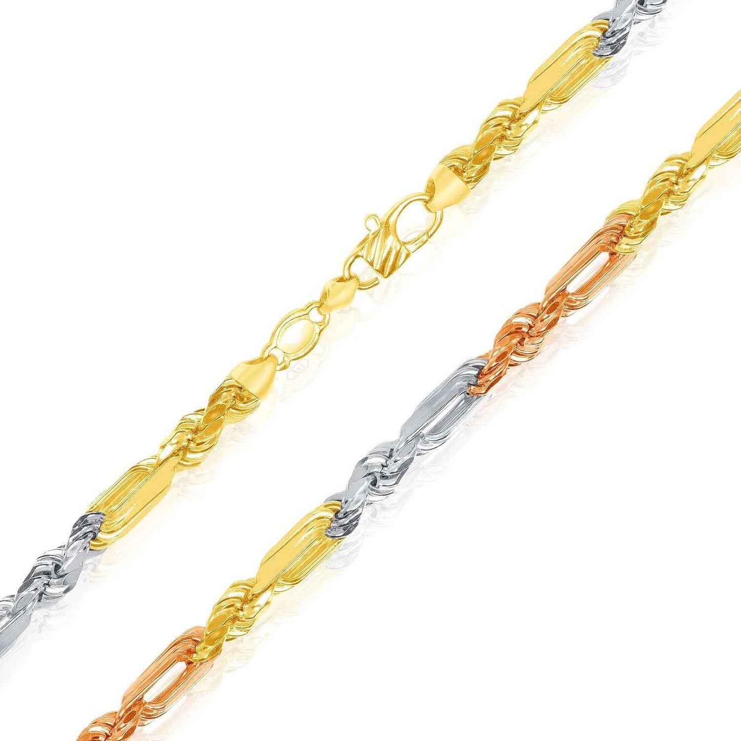 14K Real Gold Tri-Color Rose White Hollow 6mm Figarope Chain Necklace 22"-28"