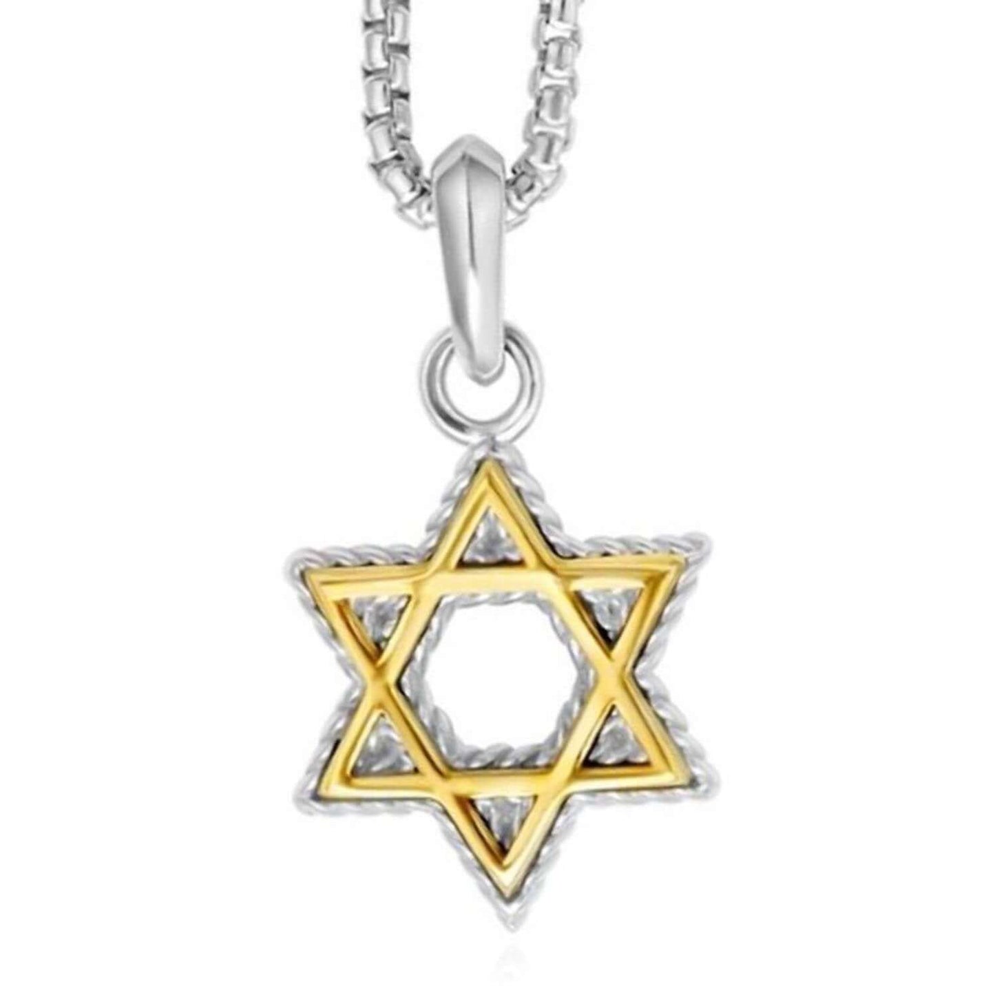 18K Real Gold & Sterling Silver 20" Box Chain Necklace Star of David Pendant