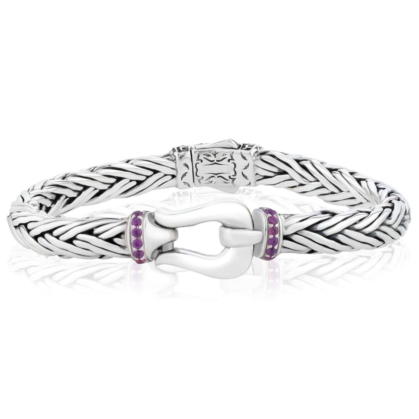 0.32CTW Purple Rhodolite Sterling Silver 7mm Woven Bracelet (Solid Links) 7.5"