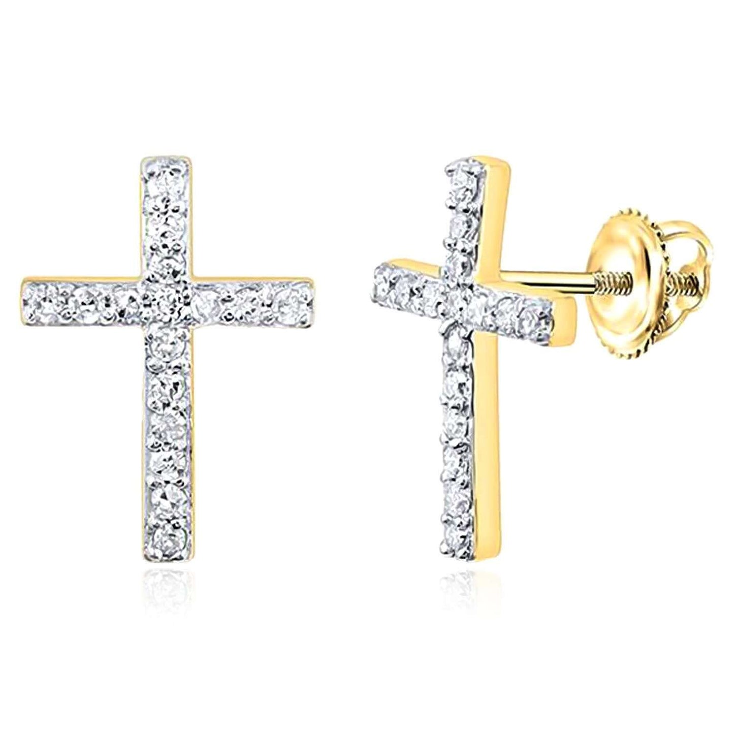0.12CTW Real Diamond 10K Real Gold Cross Stud Earrings 11.5mm