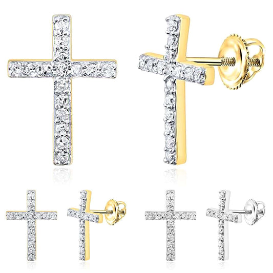 0.12CTW Natural Diamond 10K Gold Cross Stud Earrings 11.5mm