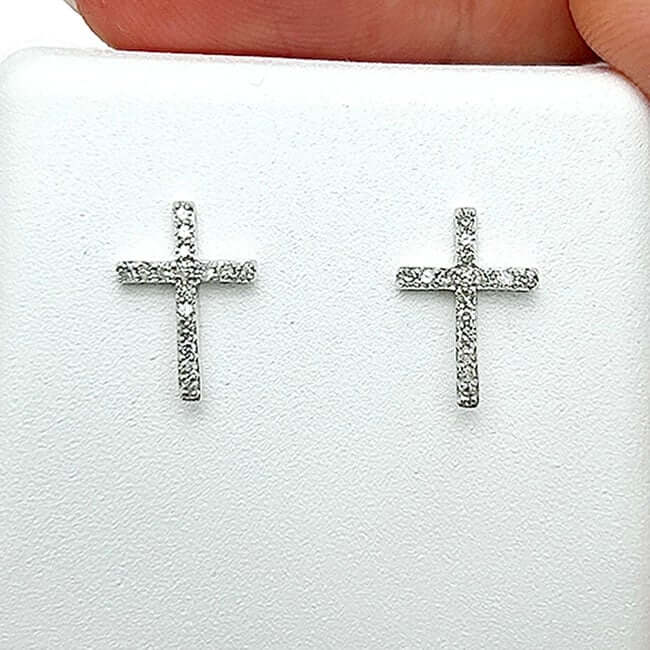 0.12CTW Real Diamond 10K Real Gold Cross Stud Earrings 11.5mm