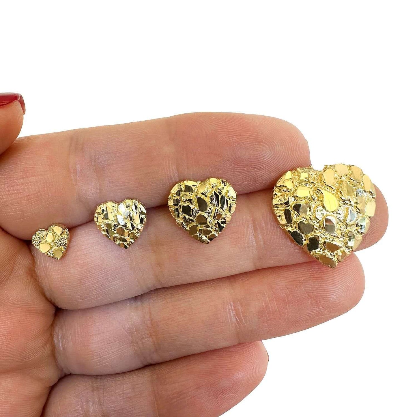 10K Real Gold Nugget Heart Push Back Stud Earrings 7mm, 10mm, 12mm, 18mm