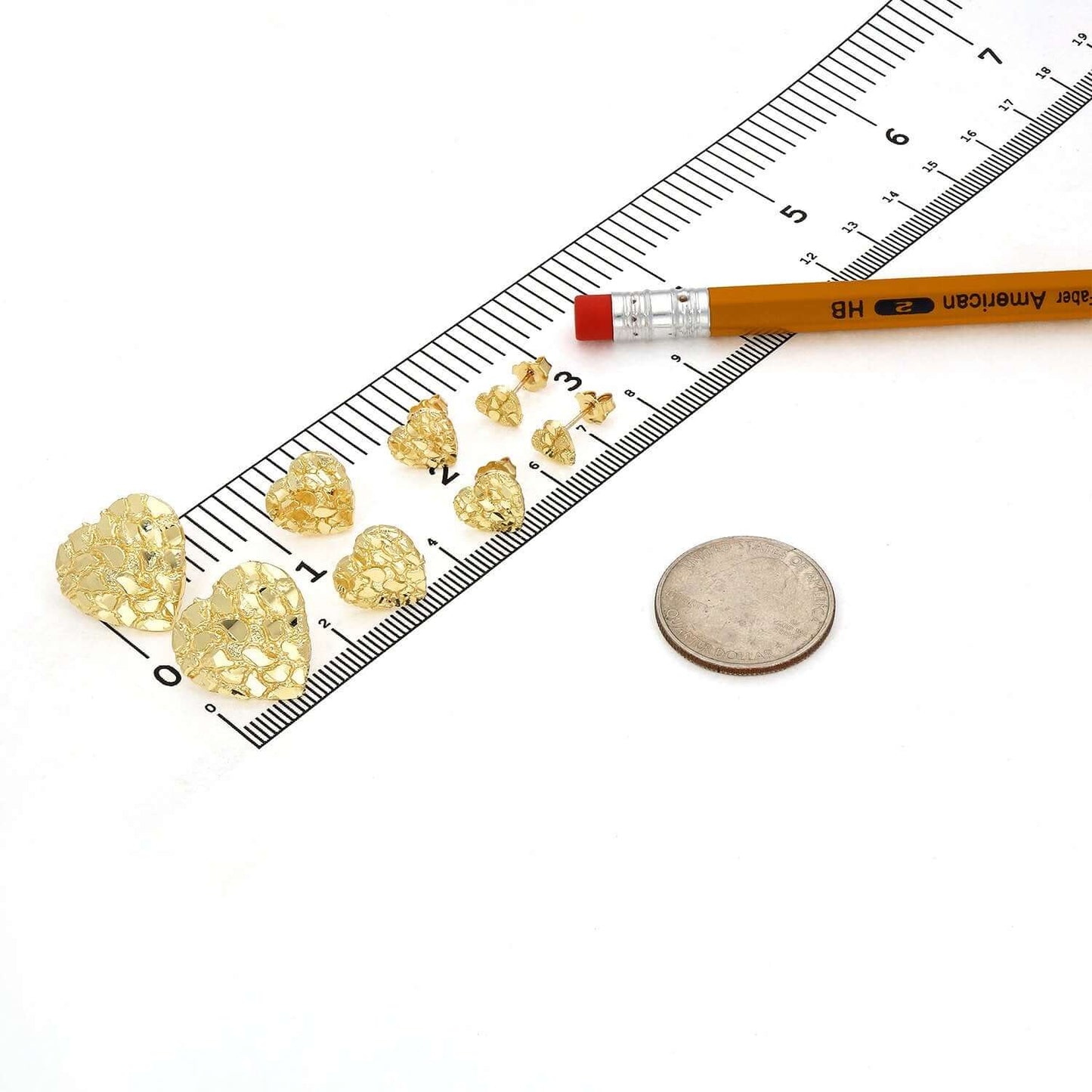 10K Real Gold Nugget Heart Push Back Stud Earrings 7mm, 10mm, 12mm, 18mm