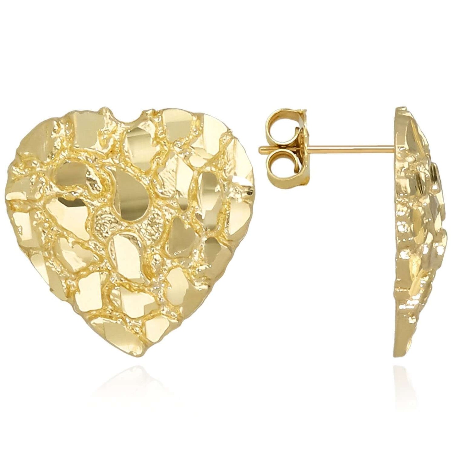 10K Real Gold Nugget Heart Push Back Stud Earrings 7mm, 10mm, 12mm, 18mm