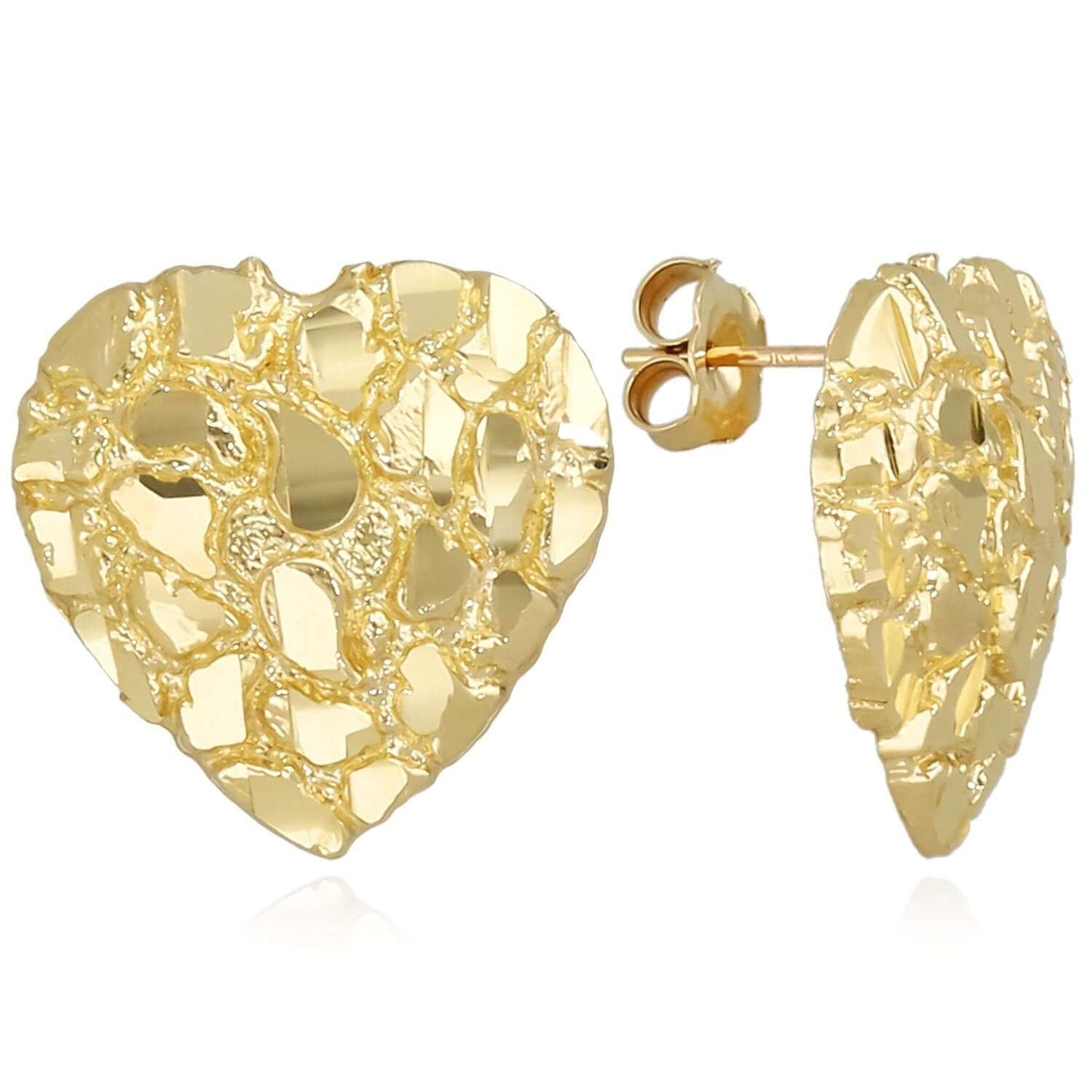 10K Real Gold Nugget Heart Push Back Stud Earrings 7mm, 10mm, 12mm, 18mm