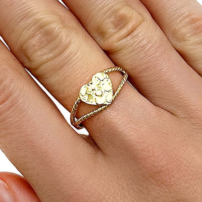 10K Yellow Gold Nugget Heart Split Shank Twisted Rope Ring