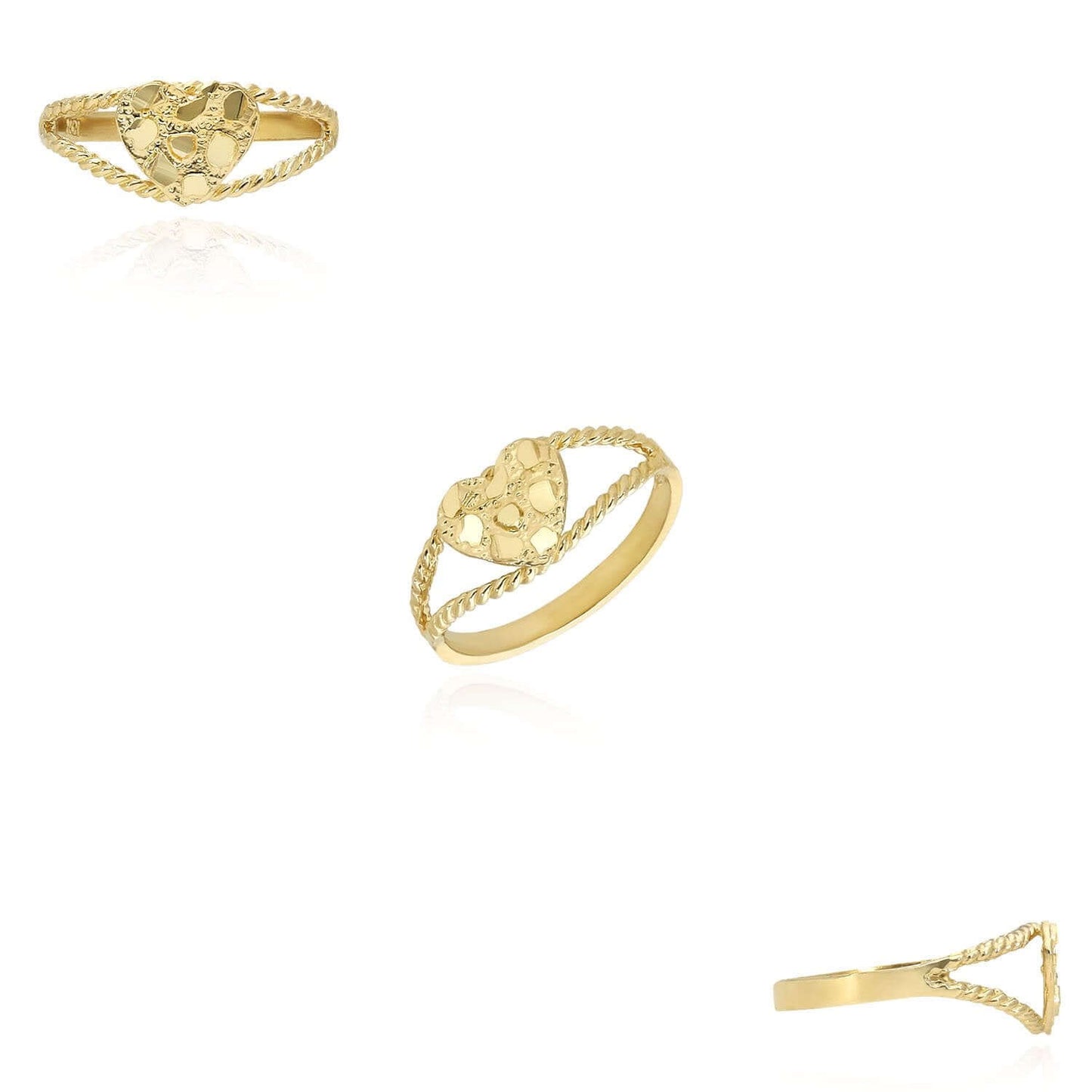 10K Yellow Gold Nugget Heart Split Shank Twisted Rope Ring