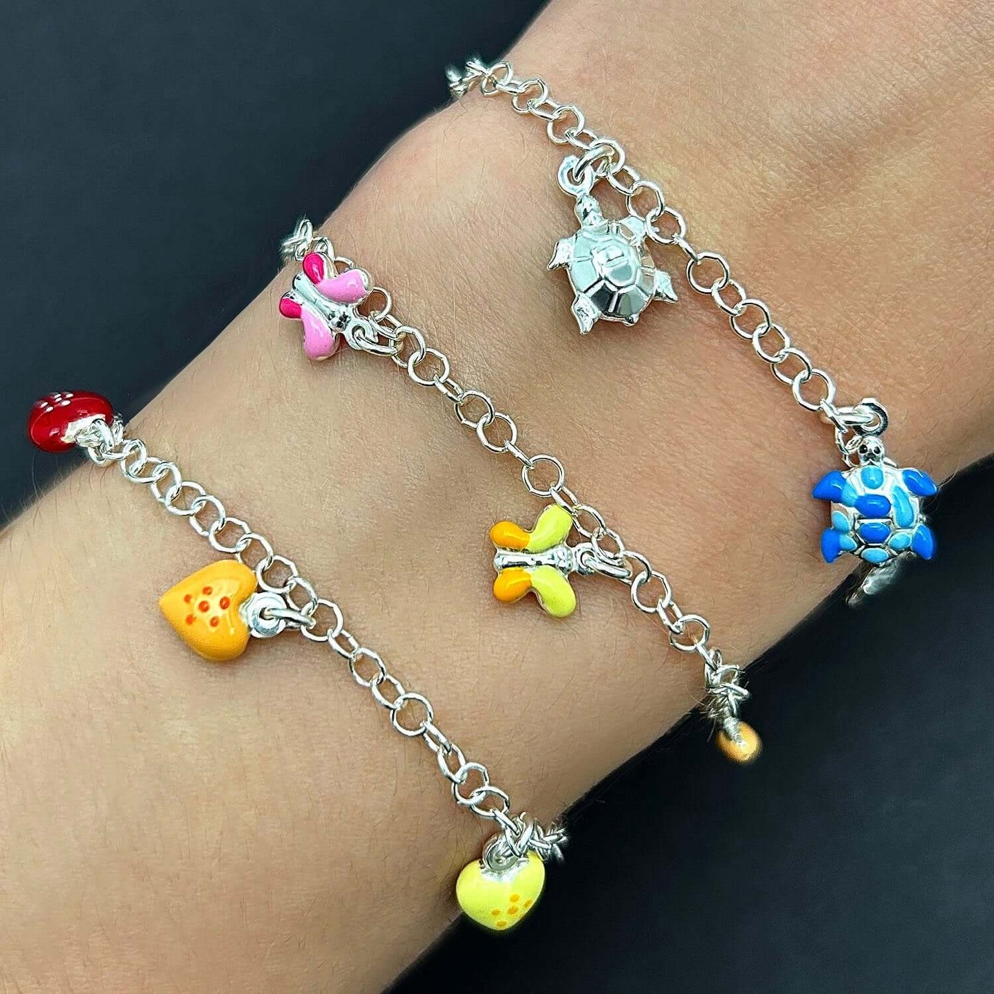 Kid's Sterling Silver 3mm Hearts Butterflies Turtles Enamel Charm Bracelet 6.5"