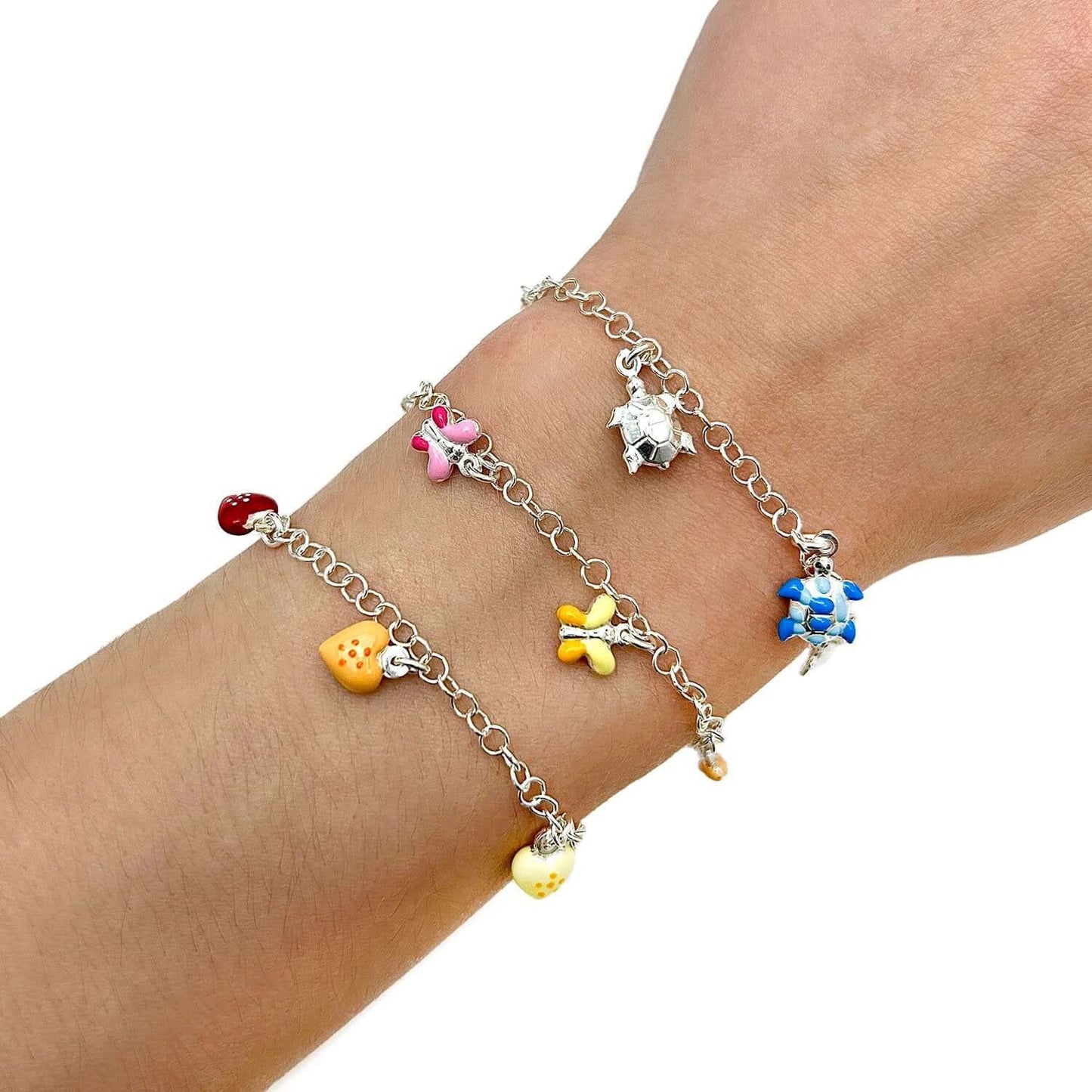 Kid's Sterling Silver 3mm Hearts Butterflies Turtles Enamel Charm Bracelet 6.5"