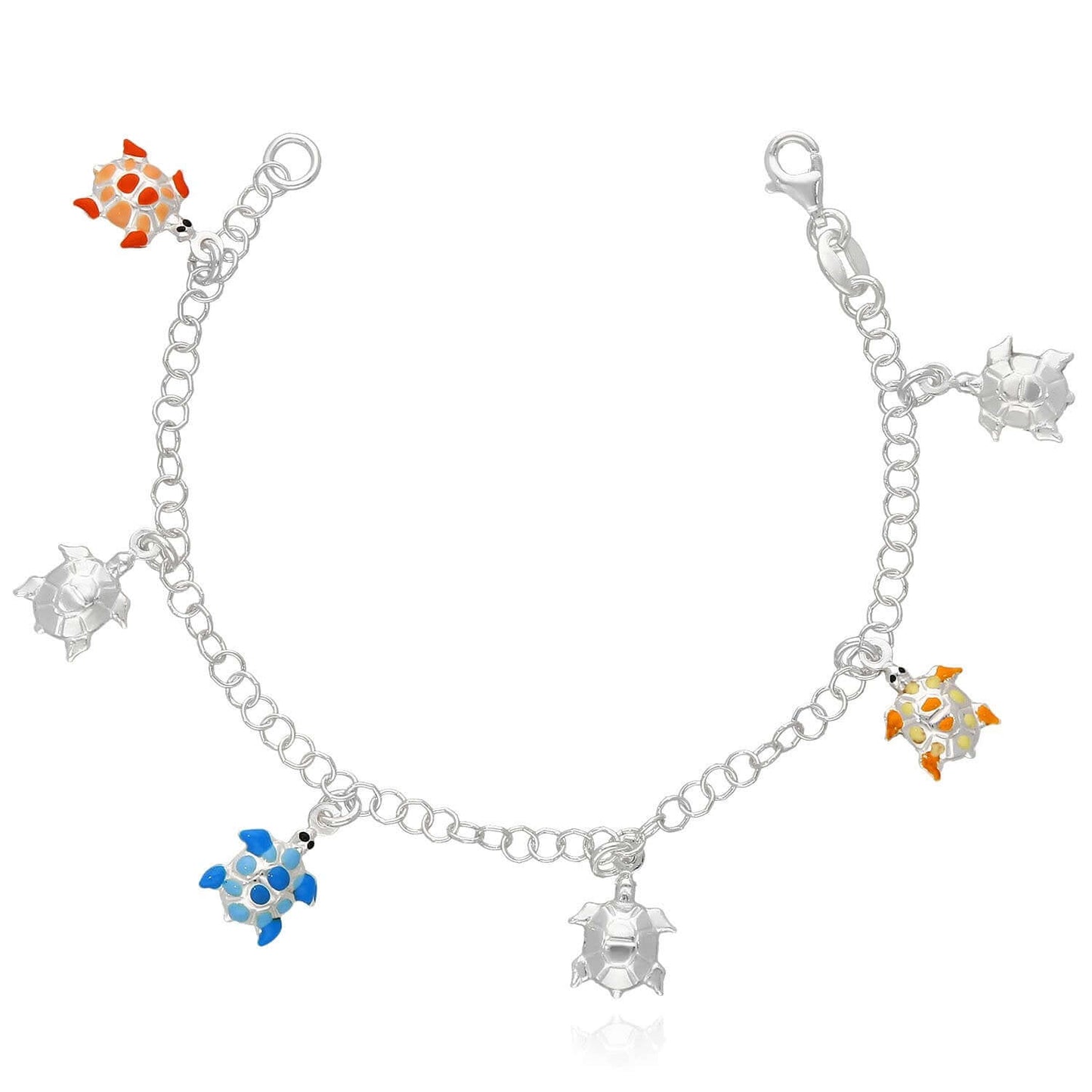 Kid's Sterling Silver 3mm Hearts Butterflies Turtles Enamel Charm Bracelet 6.5"