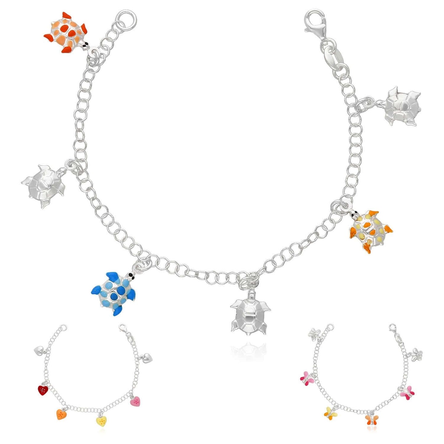 Kid's Sterling Silver 3mm Hearts Butterflies Turtles Enamel Charm Bracelet 6.5"