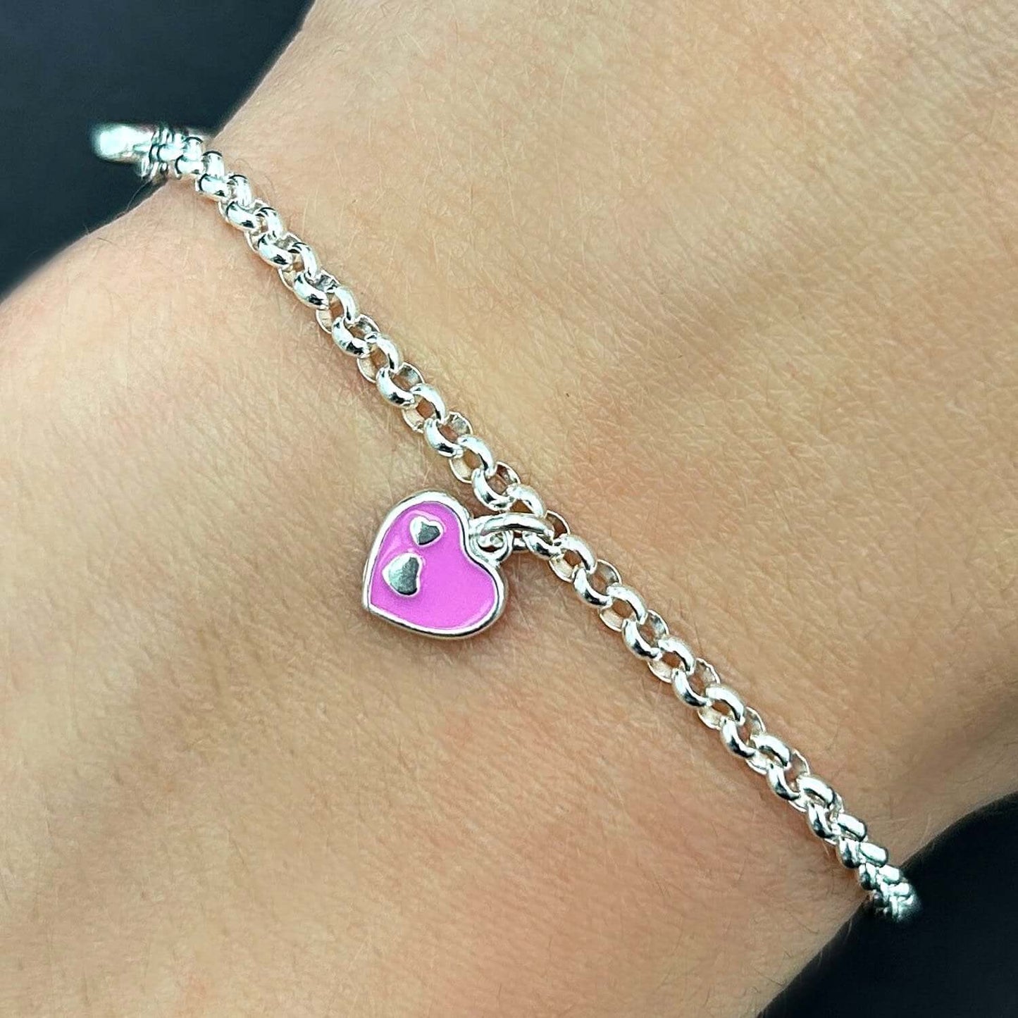 Kid's Solid 2.5mm Sterling Silver Enamel Heart Charm Bracelet 7"