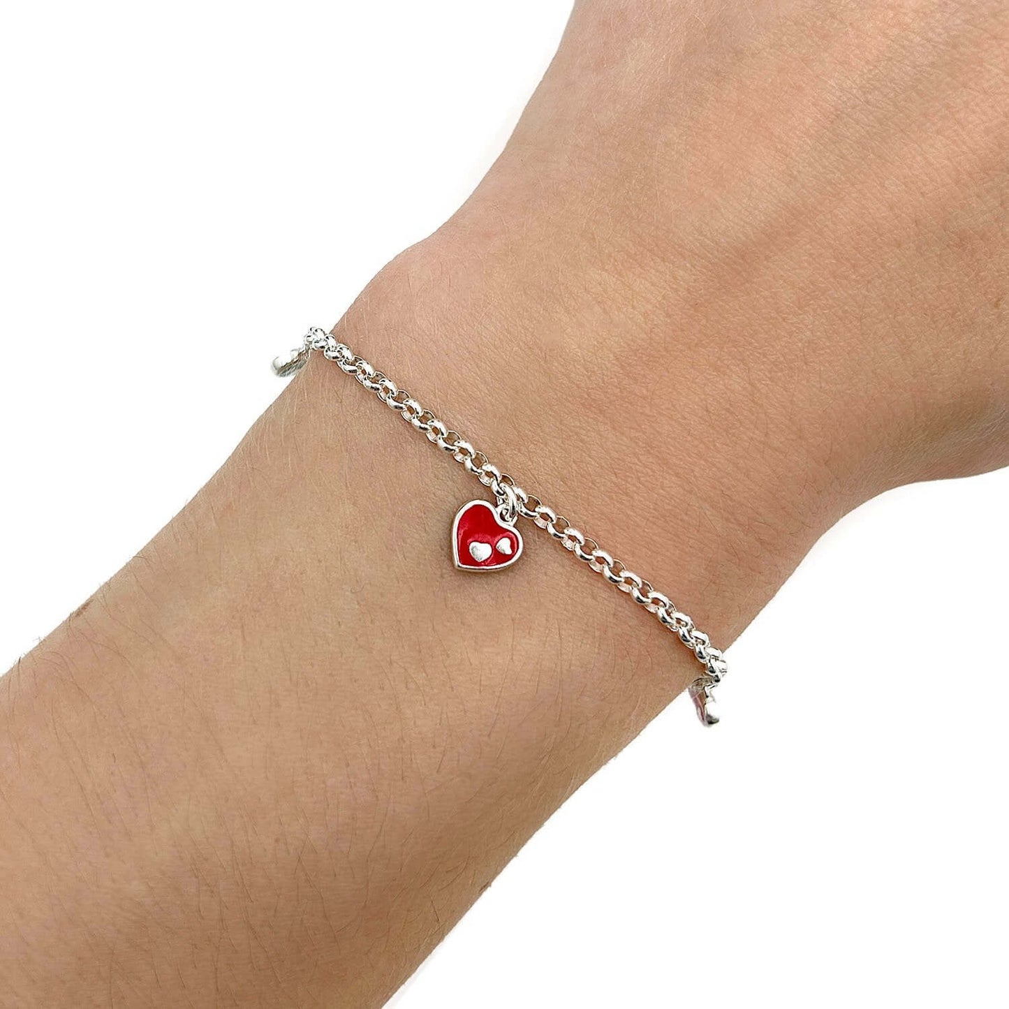 Kid's Solid 2.5mm Sterling Silver Enamel Heart Charm Bracelet 7"