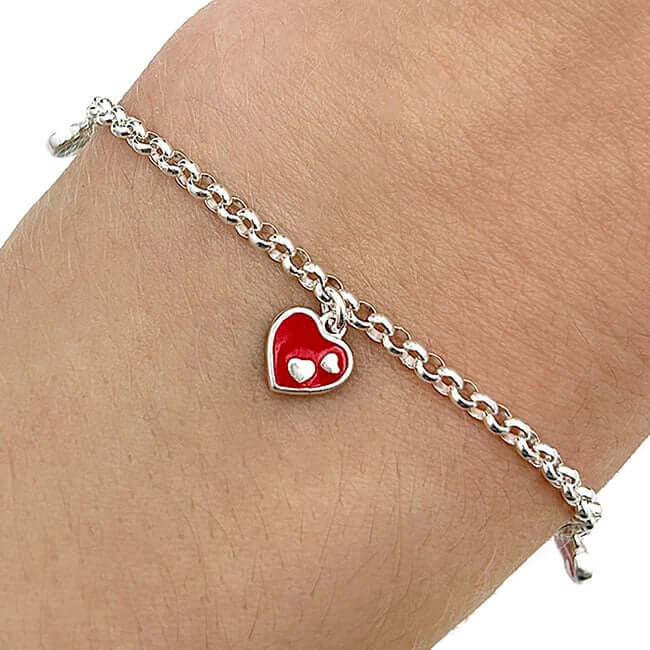 Kid's Solid 2.5mm Sterling Silver Enamel Heart Charm Bracelet 7"