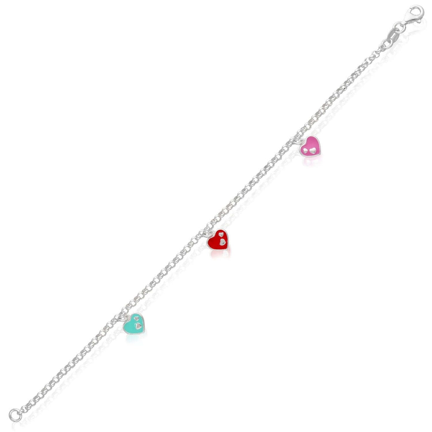Kid's Solid 2.5mm Sterling Silver Enamel Heart Charm Bracelet 7"
