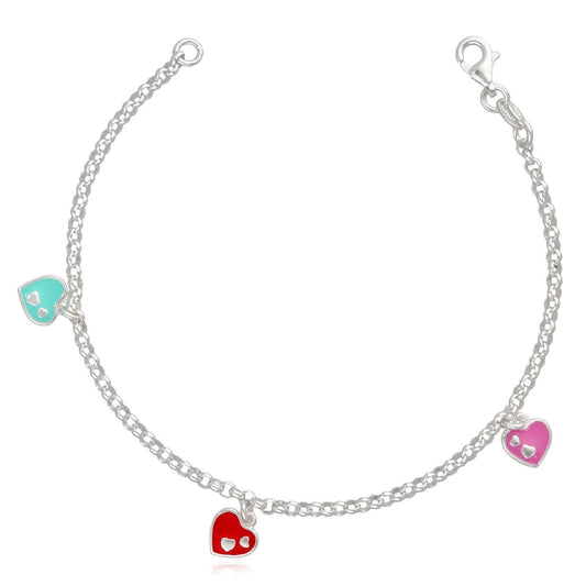 Kids 2.5mm Sterling Silver Enamel Heart Charm Bracelet (Solid Links) 7"